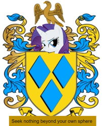 Size: 476x590 | Tagged: safe, derpibooru import, rarity, bird, pony, unicorn, crest, cutie mark, falcon, family crest, family motto, motto, shield