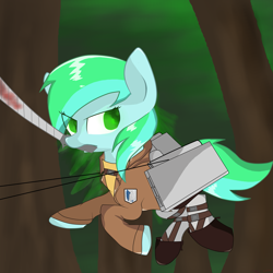 Size: 2449x2449 | Tagged: safe, artist:sharkdoggo, derpibooru import, oc, oc only, earth pony, 3d maneuver gear, clothes, earth pony oc, mouth hold, outdoors, solo, sword, weapon