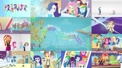 Size: 1974x1111 | Tagged: safe, derpibooru import, edit, edited screencap, editor:quoterific, screencap, applejack, flam, fluttershy, golden hazel, pinkie pie, rainbow dash, rarity, roseluck, sandalwood, sci-twi, sunset shimmer, twilight sparkle, vignette valencia, equestria girls, equestria girls series, rollercoaster of friendship, equestria land, geode of empathy, geode of fauna, geode of shielding, geode of sugar bombs, geode of super speed, geode of super strength, geode of telekinesis, humane five, humane seven, humane six, it's not about the parakeet, magical geodes, rarity peplum dress