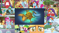 Size: 1968x1109 | Tagged: safe, derpibooru import, edit, edited screencap, editor:quoterific, screencap, applejack, cheerilee, cherry cola, cherry fizzy, granny smith, pinkie pie, rainbow dash, tender brush, winter lotus, earth pony, pegasus, pony, triple pony dare ya, apple, apple tree, bipedal, biting, bits, clothes, cowboy hat, duo, duo female, eyes closed, female, flying, food, giggling, gritted teeth, hat, hatless, missing accessory, nose in the air, open mouth, rage, red face, scarf, school of friendship, shovel, sweat, sweater, tallulah, tree, trio, trio female, wing bite, winter hat, winter outfit