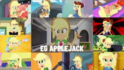 Size: 1972x1109 | Tagged: safe, derpibooru import, edit, edited screencap, editor:quoterific, screencap, applejack, fluttershy, human, dance magic, diy with applejack, equestria girls, equestria girls (movie), equestria girls series, friendship games, i'm on a yacht, rainbow rocks, rollercoaster of friendship, spring breakdown, street chic, sunset's backstage pass!, spoiler:eqg series (season 2), spoiler:eqg specials, applejack's hat, broken hand, clothes, cowboy hat, denim skirt, duo, duo female, female, geode of super strength, hammer, hat, hatless, magical geodes, missing accessory, motion sickness, open mouth, photo booth (song), ponied up, shivering, shocked, skirt, solo, teeth