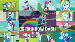 Size: 1952x1099 | Tagged: safe, derpibooru import, edit, edited screencap, editor:quoterific, screencap, applejack, fluttershy, rainbow dash, sci-twi, twilight sparkle, human, equestria girls, equestria girls (movie), equestria girls series, forgotten friendship, friendship games, i'm on a yacht, rainbow rocks, run to break free, sock it to me, spring breakdown, stressed in show, stressed in show: rainbow dash, sunset's backstage pass!, wake up!, spoiler:eqg series (season 2), backpack, cap, clothes, cute, cutie mark, cutie mark on clothes, dashabetes, eyes closed, female, geode of super speed, guitar, hat, magical geodes, motorcycle, musical instrument, open mouth, ponied up, rainbow, ship, soccer ball (object), solo, sports, swimsuit, teeth, volleyball