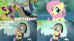 Size: 1986x1117 | Tagged: safe, derpibooru import, edit, edited screencap, screencap, cornicle, discord, fluttershy, changedling, changeling, draconequus, pegasus, pony, to where and back again, blushing, duo, eyes closed, female, hug, male, open mouth, solo, surprised, teeth, trio, trio male