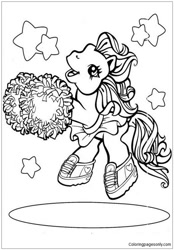 Size: 586x841 | Tagged: safe, derpibooru import, earth pony, pony, g3, cheerleader, clothes, coloring book, coloring page, dancing, jumping, monochrome, official, pom pom, shoes, skirt, sneakers, solo, stars