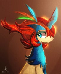 Size: 935x1134 | Tagged: safe, artist:zidanemina, derpibooru import, unicorn, anime crossover, blue eyes, bust, crossover, keldeo, orange mane, pokémon, ponified pokemon, portrait, smiling, solo