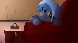 Size: 4768x2668 | Tagged: safe, artist:flapstune, derpibooru import, oc, oc:pixi feather, pegasus, pony, clock, curtains, cute, female, fluffy, looking at you, lying down, mare, pegasus oc, signature, smiling, sofa, solo, two toned mane, window, wings