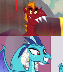 Size: 1280x1440 | Tagged: safe, derpibooru import, edit, edited screencap, screencap, garble, princess ember, sweet and smoky, triple threat, comparison, emble, female, male, shipping, shipping domino, smiling, straight