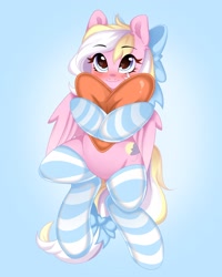 Size: 1586x1983 | Tagged: safe, artist:hk2309, derpibooru import, oc, oc only, oc:bay breeze, pegasus, pony, blushing, bow, clothes, cute, female, hair bow, heart, heart eyes, heart pillow, mare, ocbetes, pillow, simple background, socks, solo, striped socks, tail bow, wingding eyes, wings