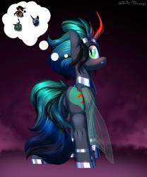 Size: 2500x3000 | Tagged: safe, artist:shido-tara, derpibooru import, king sombra, nightmare moon, queen chrysalis, oc, oc:empress sacer malum, armor, blushing, commission, looking at you, looking back, looking back at you, simple background