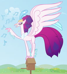 Size: 6388x6969 | Tagged: safe, artist:kmlp, derpibooru exclusive, derpibooru import, queen novo, classical hippogriff, hippogriff, my little pony: the movie, absurd resolution, behaving like a bird, bird house, eyes closed, female, happy, music notes, singing, smiling, solo, vector, wings