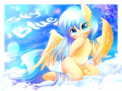 Size: 4000x3000 | Tagged: safe, artist:phoenixperegrine, derpibooru import, oc, oc only, oc:skyblue gift, pegasus, pony, blushing, cloud, ears, female, floppy ears, hoof on chin, lens flare, looking at you, mare, sitting, sky, solo, spread wings, wings