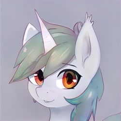 Size: 1024x1024 | Tagged: safe, artist:thisponydoesnotexist, derpibooru import, pony, gray background, horn, looking at you, neural network, simple background
