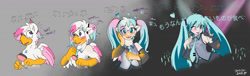 Size: 1280x389 | Tagged: safe, artist:foxxy-arts, derpibooru import, oc, oc:foxxy hooves, hippogriff, human, character to character, clothes, comb, female, hatsune miku, heart, hippogriff oc, japanese, microphone, music notes, necktie, speech change, transformation, transformation sequence
