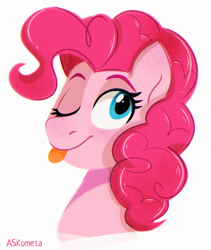 Size: 1600x1900 | Tagged: safe, artist:askometa, derpibooru import, pinkie pie, earth pony, pony, bust, female, looking at you, mare, one eye closed, portrait, simple background, smiling, smiling at you, solo, tongue out, white background, wink