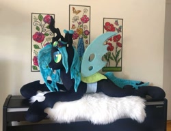 Size: 1140x877 | Tagged: safe, artist:purplenebulastudios, derpibooru import, queen chrysalis, changeling, goggles, irl, life size, lying down, photo, plushie, prone, solo