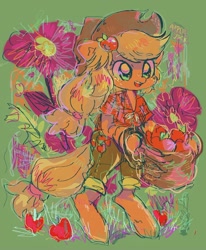Size: 1274x1543 | Tagged: safe, artist:osawari64, derpibooru import, applejack, earth pony, pony, semi-anthro, apple, basket, clothes, cute, cutie mark, cutie mark accessory, cutie mark on clothes, flower, food, front knot midriff, hoof hold, jackabetes, midriff, open mouth, solo
