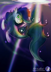 Size: 1654x2338 | Tagged: safe, artist:mad--munchkin, derpibooru import, oc, oc only, earth pony, pony, seapony (g4), bubble, convention, deviantart watermark, dorsal fin, exclusive, fish tail, flowing mane, flowing tail, green eyes, logo, looking up, obstructive watermark, obtrusive watermark, ocean, seaponified, solo, species swap, swimming, tail, uk ponycon, underwater, water, watermark