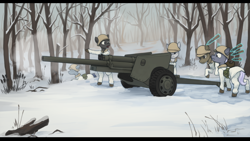 Size: 1920x1080 | Tagged: safe, artist:marsminer, derpibooru import, oc, earth pony, unicorn, equestria at war mod, artillery, helmet, snow, soldier, tree, winter, world war ii