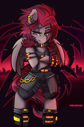 Size: 1986x3000 | Tagged: safe, artist:ciderpunk, derpibooru import, oc, oc:ruza, bipedal, boots, clothes, cyberpunk, jewelry, piercing, retrowave, shoes, standing, synthwave