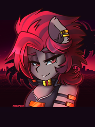 Size: 2250x3000 | Tagged: safe, artist:ciderpunk, derpibooru import, oc, oc:ruza, clothes, cyberpunk, jewelry, piercing, retrowave, synthwave