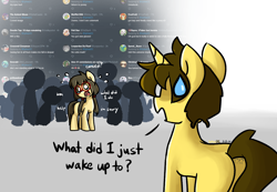 Size: 1232x855 | Tagged: safe, artist:spheedc, derpibooru import, oc, oc only, oc:dream chaser, oc:sphee, earth pony, unicorn, digital art, female, glasses, male, mare, meta, simple background, stallion, sweat, sweatdrop, text, twitter, white background