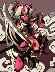 Size: 1909x2500 | Tagged: safe, artist:ciderpunk, derpibooru import, oc, original species, armor, katana, oni, samurai, standing, sword, weapon