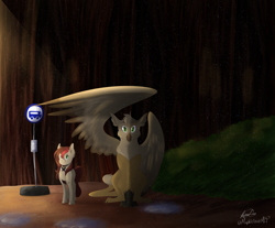 Size: 6000x4968 | Tagged: safe, artist:mapleicious, artist:mapleiciousmlp, derpibooru import, oc, oc:appleale, oc:steelwinghollowtooth, earth pony, griffon, pony, bus stop, female, forest, male, mare, my neighbor totoro, rain, size difference