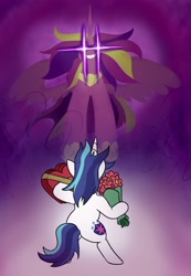Size: 1420x2048 | Tagged: safe, artist:jargon scott, part of a set, princess cadance, shining armor, alicorn, pony, unicorn, behind, bipedal, boss battle, bouquet, box of chocolates, chocolate, evil grin, female, flower, food, giant pony, glowing eyes, grin, heart, heart shaped box, holding, hoof shoes, male, mare, peytral, princess of love, rose, shiningcadance, shipping, smiling, stallion, straight, this will end in love and/or pain, this will end in snu snu