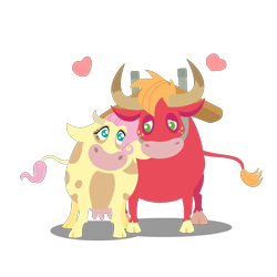 Size: 2000x2000 | Tagged: safe, anonymous artist, derpibooru import, big macintosh, fluttershy, bull, cow, series:fm holidays, chinese new year, cowified, female, floating heart, fluttercow, fluttermac, heart, horns, male, nuzzling, ox, shipping, simple background, species swap, straight, transparent background, udder, year of the ox, yoke