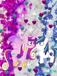 Size: 1080x1440 | Tagged: safe, artist:crossovercartoons, derpibooru import, princess cadance, shining armor, alicorn, pony, unicorn, clothes, colored wings, colt, couple, cute, digital art, digital artwork, digital drawing, drawing, duo, female, glitter background, gradient wings, heart, looking at each other, male, mare, shining and candance day, shiningcadance, shipping, shoes, sparkles, straight, wings