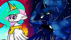 Size: 1080x608 | Tagged: safe, artist:tessa_key_, derpibooru import, princess celestia, princess luna, alicorn, pony, duo, ethereal mane, eyelashes, female, horn, jewelry, mare, night, peytral, siblings, sisters, starry mane, stars, sunset, tiara, wings