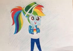 Size: 703x496 | Tagged: safe, artist:lillycloudart, derpibooru import, rainbow dash, equestria girls, clothes, cute, dashabetes, eyelashes, female, jacket, open mouth, pants, smiling, solo, traditional art, visor