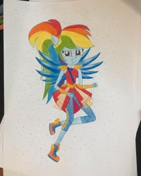 Size: 1080x1350 | Tagged: safe, artist:lillycloudart, derpibooru import, rainbow dash, equestria girls, legend of everfree, clothes, dress, eyelashes, female, grin, pants, shoes, smiling, solo, traditional art