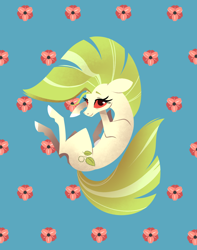 Size: 1200x1521 | Tagged: safe, artist:28gooddays, derpibooru import, oc, oc only, earth pony, pony, female, flower, green mane, looking at you, mare, red eyes, solo