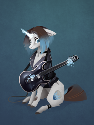 Size: 1050x1400 | Tagged: safe, artist:28gooddays, derpibooru import, oc, oc only, unicorn, clothes, female, guitar, jacket, mare, musical instrument, solo