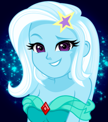 Size: 661x744 | Tagged: safe, artist:rosemile mulberry, derpibooru import, trixie, equestria girls, breasts, broach, clothes, detailed eyes, dress, female, hairpin, looking at you, raised eyebrow, smiling, smiling at you, solo, starry eyes, stars, titsie, wingding eyes