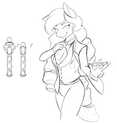 Size: 862x908 | Tagged: safe, artist:nudeknightart, derpibooru import, oc, oc:time spinner, anthro, earth pony, big hair, clothes, doctor who, monochrome, sketch, solo, sonic screwdriver, suit