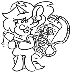 Size: 1015x1054 | Tagged: safe, artist:threetwotwo32232, derpibooru import, tank, pony, bipedal, fangs, gun, hose, smiling, solo, unconscious, watergun, weapon