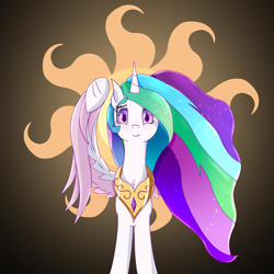 Size: 1518x1518 | Tagged: safe, artist:divifilly, derpibooru import, princess celestia, alicorn, pony, chest fluff, cutie mark, female, gradient background, horn, looking at you, mare, multicolored mane, smiling, solo, spread wings, sun, white coat, wings