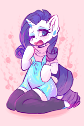 Size: 800x1200 | Tagged: safe, artist:valeria_fills, derpibooru import, rarity, pony, semi-anthro, unicorn, clothes, crying, digital art, female, hooves, horn, looking at you, mare, one eye closed, open mouth, simple background, solo, stockings, tail, thigh highs