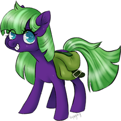 Size: 1560x1557 | Tagged: safe, artist:1eg, derpibooru import, oc, oc only, oc:blue corn, earth pony, pony, bag, drawthread, female, looking at you, mare, purple, requested art, saddle bag, saturated, simple background, smiling, smiling at you, solo, transparent background