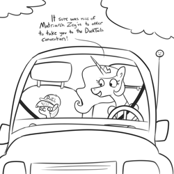 Size: 6600x6600 | Tagged: safe, artist:tjpones, derpibooru import, princess celestia, twilight sparkle, alicorn, pony, unicorn, absurd resolution, baseball cap, black and white, cap, car, driving, ducktales, duo, female, filly, filly twilight sparkle, grayscale, hat, monochrome, squatpony, twiggie, younger