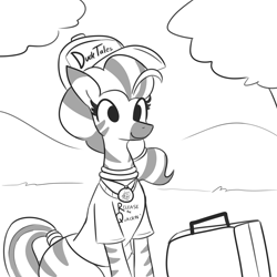 Size: 6600x6600 | Tagged: safe, artist:tjpones, derpibooru import, oc, oc only, oc:matriarch zeg'us, zebra, absurd resolution, baseball cap, black and white, cap, clothes, ducktales, female, grayscale, hat, mare, monochrome, scrooge mcduck, shirt, solo, suitcase, t-shirt, zebra oc