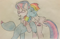 Size: 1280x852 | Tagged: safe, artist:didgereethebrony, derpibooru import, oc, oc:hsu amity, oc:rainbow eevee, alicorn, earth pony, pony, glasses, hug, traditional art