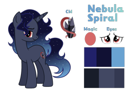 Size: 1703x1227 | Tagged: safe, artist:stellamoonshineyt, derpibooru import, oc, oc:nebula spiral, pony, unicorn, female, mare, offspring, parent:king sombra, parent:princess luna, parents:lumbra, reference sheet, simple background, solo, transparent background