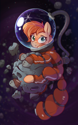 Size: 1060x1704 | Tagged: safe, artist:rexyseven, derpibooru import, oc, oc only, oc:rusty gears, earth pony, pony, :o, asteroid, astronaut, female, freckles, helmet, heterochromia, looking at you, mare, open mouth, solo, space, spacesuit, tangible heavenly object, zero gravity