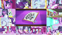 Size: 1978x1113 | Tagged: safe, derpibooru import, edit, edited screencap, editor:quoterific, screencap, all aboard, aloe, fuchsia frost, golden crust, lotus blossom, rarity, shining passion, spike, starlight glimmer, twilight sparkle, twilight sparkle (alicorn), alicorn, dragon, earth pony, pony, unicorn, rarity's biggest fan, spoiler:interseason shorts, ears, female, floppy ears, friendship express, friendship student, male, mare, mirror, mud mask, stallion, train, winged spike