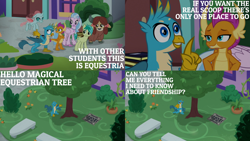 Size: 2000x1125 | Tagged: safe, derpibooru import, edit, edited screencap, editor:quoterific, screencap, gallus, ocellus, sandbar, silverstream, smolder, yona, changeling, dragon, earth pony, griffon, hippogriff, pony, yak, what lies beneath, book, eyes closed, female, flying, male, open mouth, school of friendship, solo, student six, teeth, tree, trio