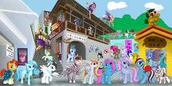 Size: 5245x2617 | Tagged: safe, derpibooru import, sunburst, oc, oc:berry pie, oc:bitt love, oc:crystal reverie, oc:happy rhyme, oc:lemon spice, oc:novacrisp, alicorn, bat pony, dragon, earth pony, hippogriff, pegasus, pony, unicorn, collaboration, chinese, cloud, high res, jiufen, outdoors, stairs, taiwan