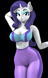 Size: 2500x4000 | Tagged: safe, artist:argos90, derpibooru import, rarity, anthro, plantigrade anthro, unicorn, 3d, arm behind head, black background, breasts, clothes, female, leggings, looking at you, raritits, rearity, simple background, solo, sports bra, tight clothing